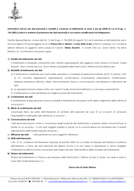 Informativa del trattamento dei dati personali - Casa Maria Assunata