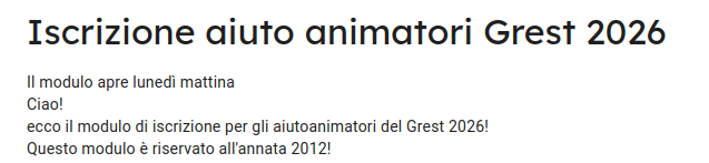 Iscrizione Aiuto Animatori al Grest 2026